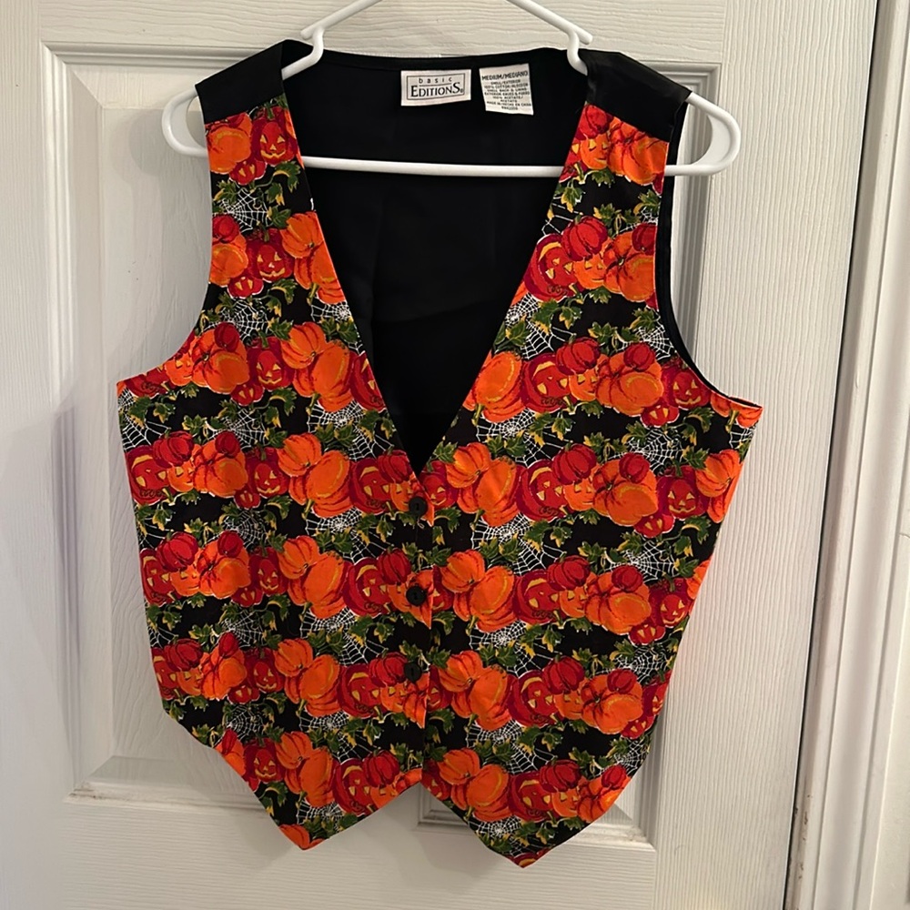 Basic Editions Pumpkin Print Fall Vest – Halloween Thanksgiving Harvest Theme M